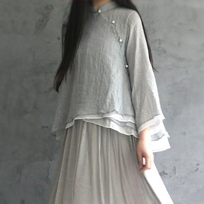 New spring 2020 cotton and linen women's loose top, retro and artistic style, new Chinese-style slanted lapel, stand-up collar, long-sleeved shirt