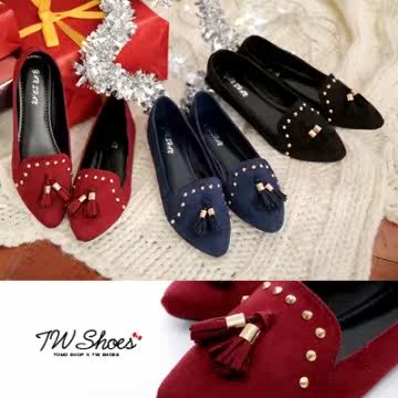 【TW Shoes】乐福鞋/铆钉流苏缀面尖头平底包鞋台湾官网直邮进口