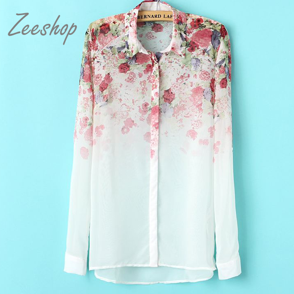 【Zeeshop】 微浪漫花朵渐层长袖雪纺衬衫z1718台湾官网直邮进口