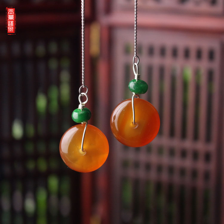 Red Manau jade earrings Long version of the ear necklace original ear decoration Ping An auspicious earbuds S925 silver Fashion Ornaments 100 lap