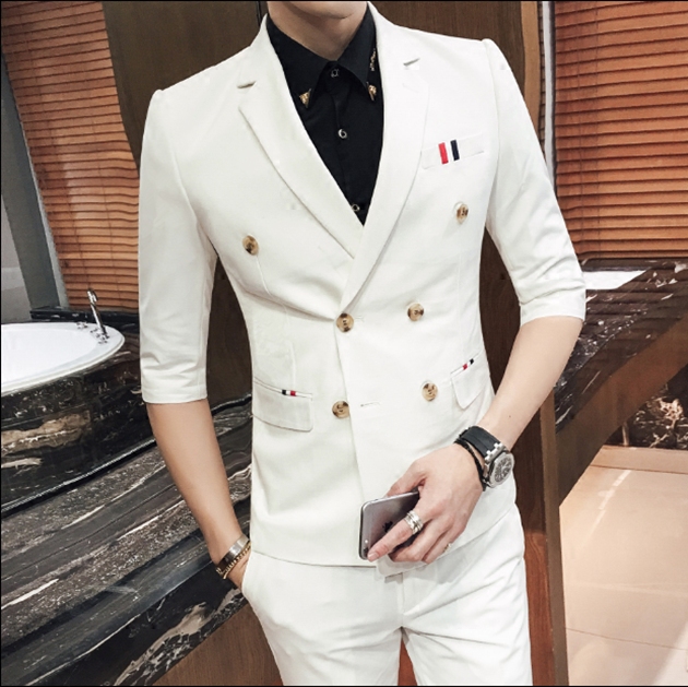 青年商务休闲七分袖西服套装2017春夏新品男士韩版修身西装套装潮