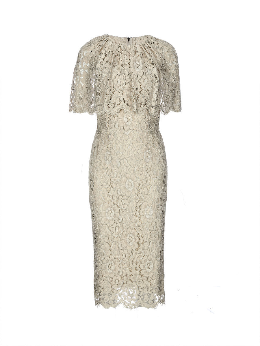 Dolce&Gabbana 米色斗篷式镂空蕾丝连衣裙