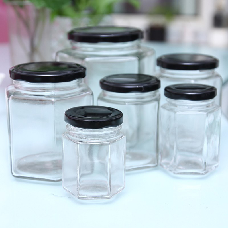 Six-sided glass bottle jam bottle pickle bottle canned bottle lead-free thickened sealed jar honey bottle bird's nest bottle