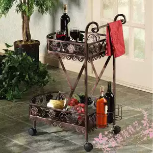 C012 European style retro wrought iron dining car hand push mobile car solid wood sideboard wine snack car Kitchen rack
