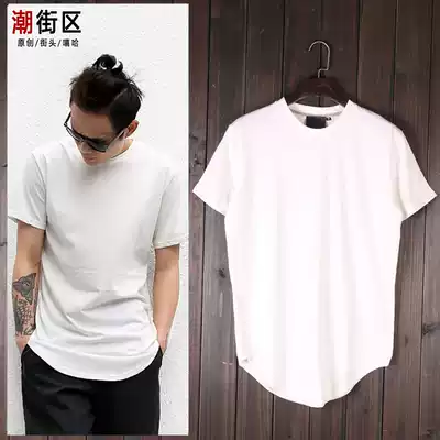 Original Tide brand Korean version trend same simple solid color short sleeve T-shirt hem arc long version half sleeve T
