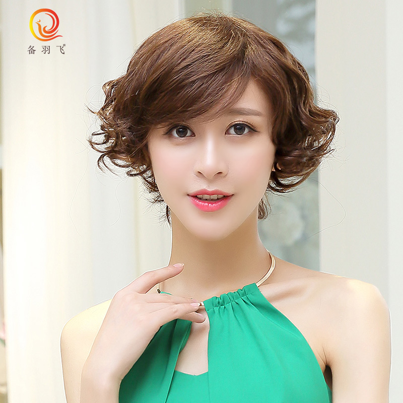 备羽飞 短卷发妈妈假发套 真发中老年整顶假发 女斜刘海假发套