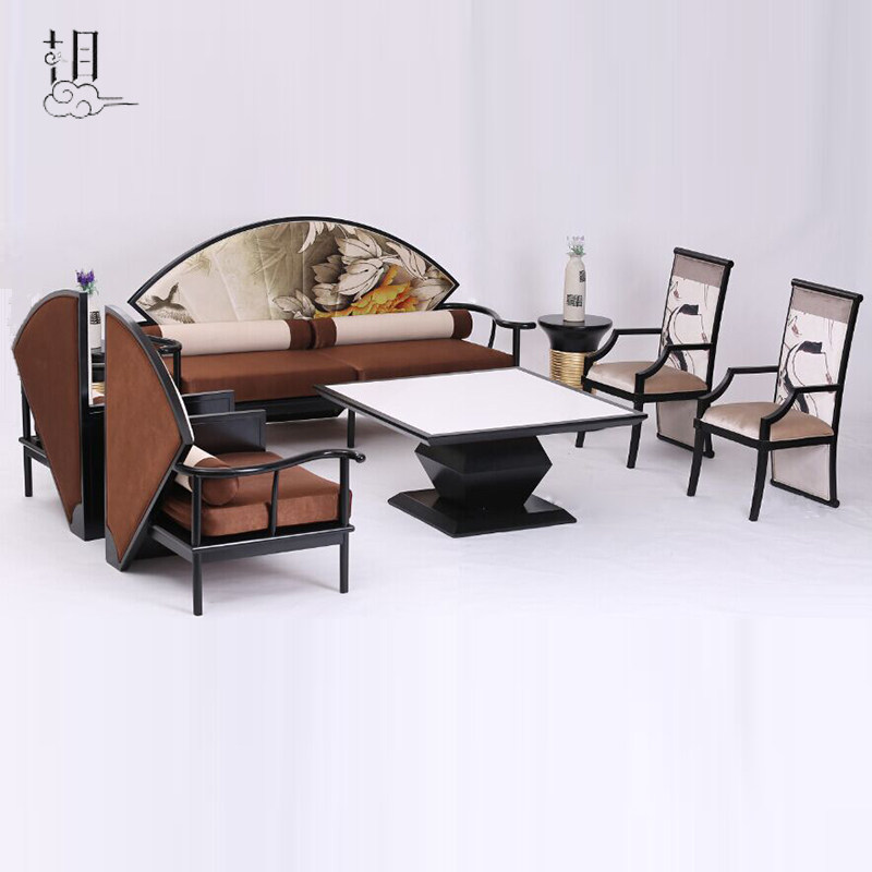 New Chinese modern trio single full solid wood sofa cloth art printing combined antique tea table living room hotel furniture