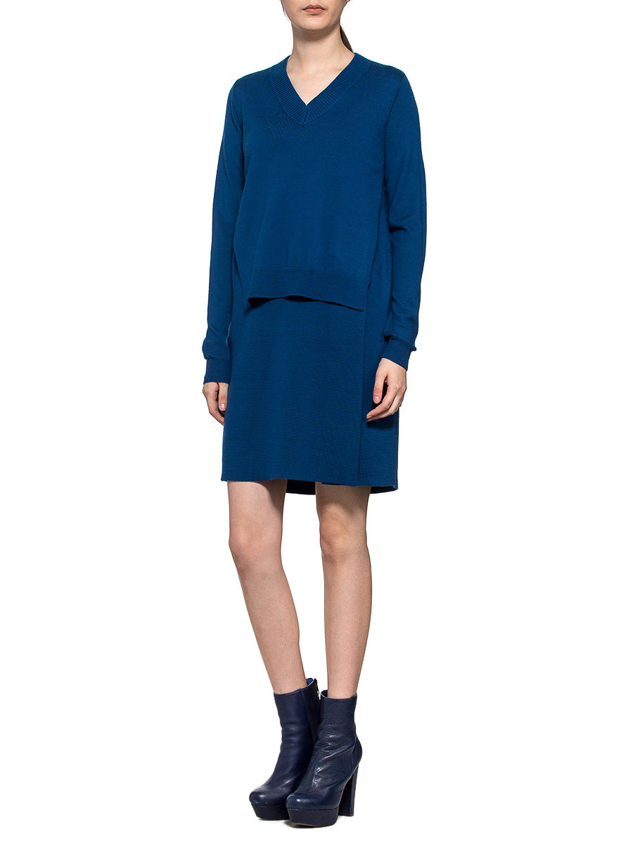 EQ:IQ 蓝色V领个性剪裁连衣裙