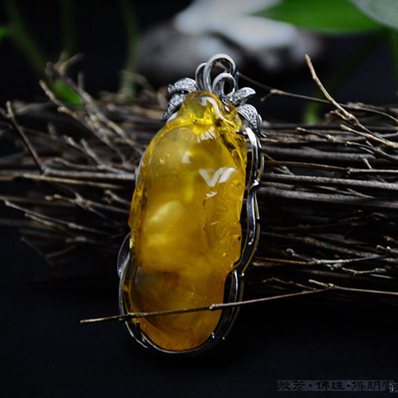 修明堂 波兰蜜蜡琥珀精工雕刻吊坠项链925纯银包边镶嵌送鉴定证书