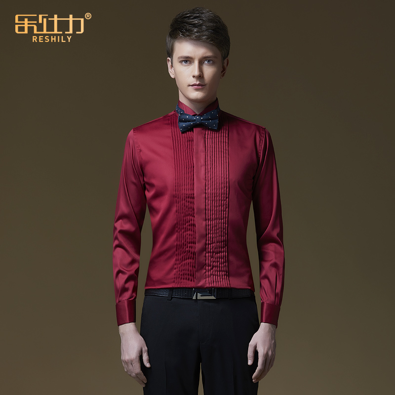 Pure cotton white shirt men's long-sleeved Korean version slim groom best man wedding dress formal autumn pleated French shirt