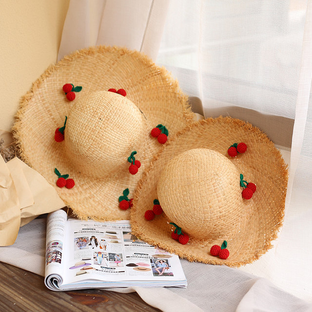 Dongdaemun Parent-child Hand Hat Hook Cherry Straw Hat Raw Edge Children's Pumpkin Hat Summer Seaside Beach Hat Sunshade Hat