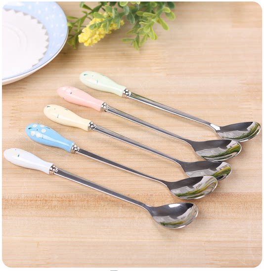 zakka cartoon colored ceramic handle stainless steel coffee short spoon small pieces of spoon spoon stir spoon