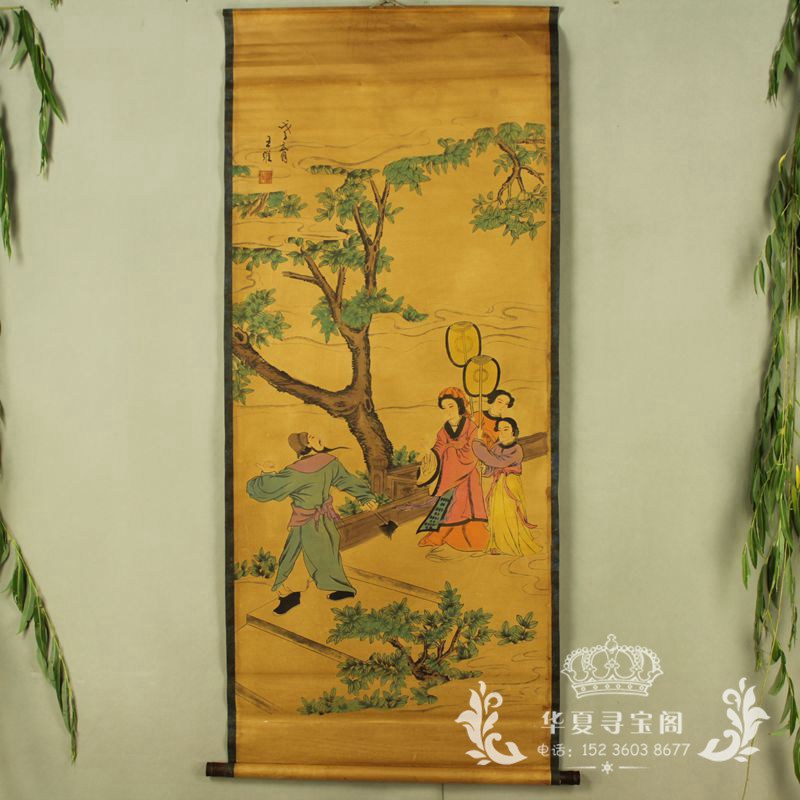 New antique calligraphy and painting Chinese painting landscape painting Middle School painting office living room decoration painting has been mounted Wang Wei four people
