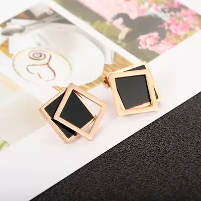 Japanese and Korean version of geometric titanium steel Double Diamond black gem earrings short hair rose gold ear needle hypoallergenic student jewelry female