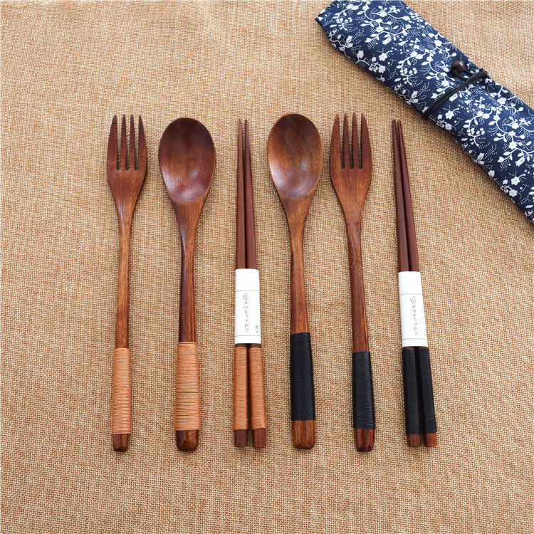Japanese-style log eating spoon spoon wooden long handle wooden spoon fork chopsticks tableware set household spoon spoon
