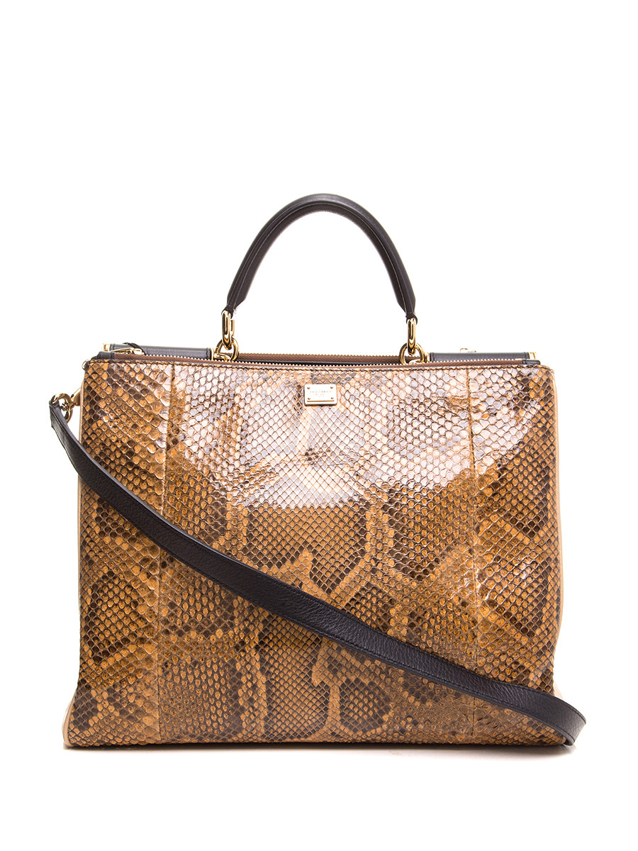 Dolce&Gabbana 棕色蛇纹金属铭牌装饰手提包