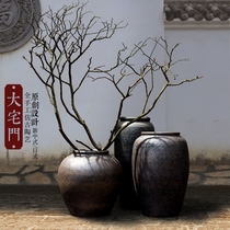 Zen retro ceramic floor-to-floor dry flower pottery pot indoor and outdoor jar courtyard clubhouse window vase vase