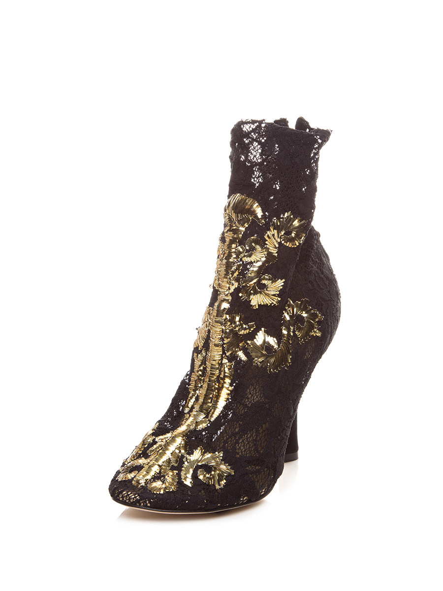 Dolce&Gabbana 黑色蕾丝拼金色花纹高跟短靴