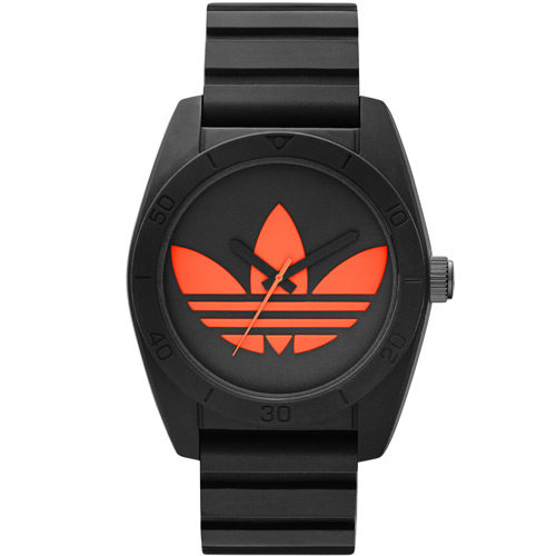 台湾官网直邮进口adidas 萤光狂潮．抢眼鲜艳三叶草矽胶腕表-黑x