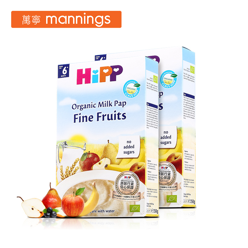 香港万宁HIPP/喜宝 有机水果有机奶米糊 婴儿辅食 250g/盒 两盒装