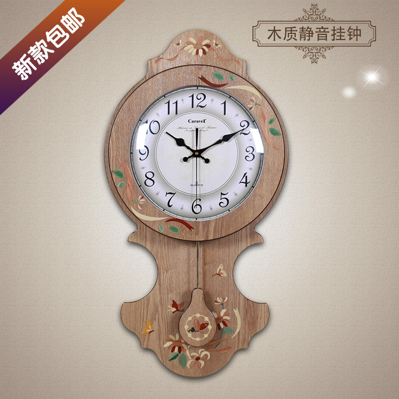 TQJ European style wood wall clock quartz clock living room clock bedroom muted Korean hand-painted flower hanging watch