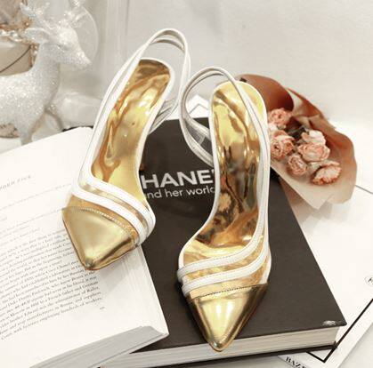 South Korea Handmade Custom Light Lavish Sexy Side Air Curve Woman Taste Splicing Gold Lacquered Leather High Heels