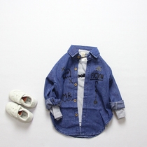 Spring-style Korean version of childrens denim boy girl child long style pure cotton dark blue denim shirt denim jacket