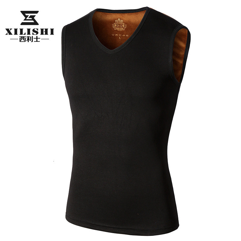 男士新款保暖背心男修身加绒背心男纯色弹力V领紧身打底衫男潮
