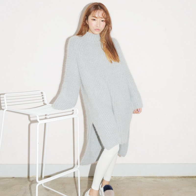韩国stylenanda官方正品  时尚款不规则下摆立领针织连衣裙-灰色