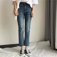 2018 phụ nữ mới phong cách quần lỗ đầu gối rách nước rửa quần jeans lỏng mỏng quần dài chín quần jean nữ