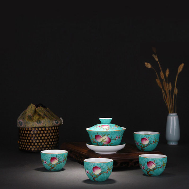 Treasure porcelain forest green lake steak peach flower powder enamel nine small arhat 5 head was a set of jingdezhen ceramic cup hand - made