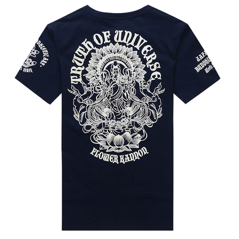 Trendy Summer Clothing Tattoo Print Ukiyo-E Tie-Dye Style Japanese Trendy Brand Guanyin Sitting on Lotus Men's Pure Cotton Short-Sleeve T-Shirt