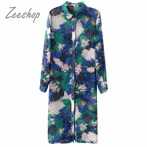 【Zeeshop】韩版。 长袖炫彩绿叶花朵印花长板衬台湾官网直邮进口