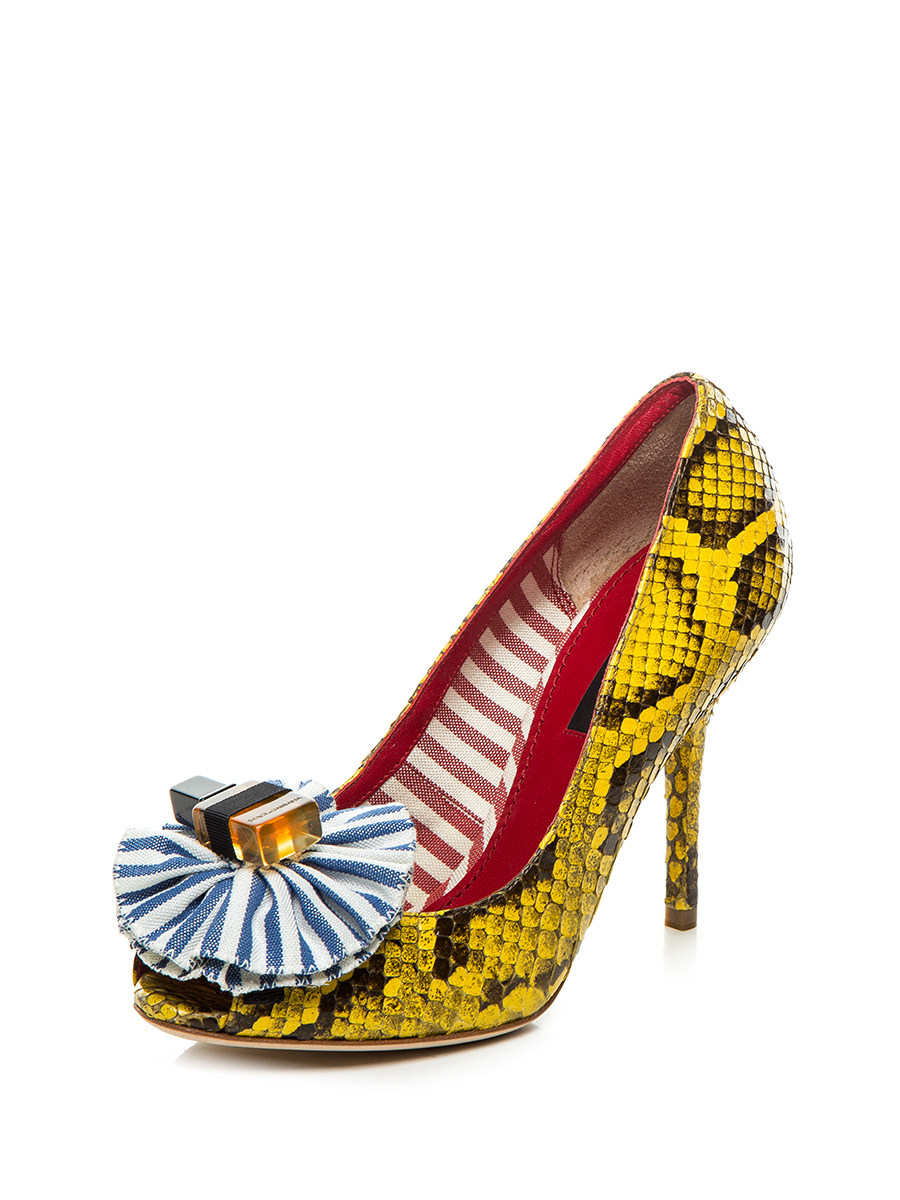 Dolce&Gabbana 黄色蛇纹花型装饰鱼嘴高跟鞋