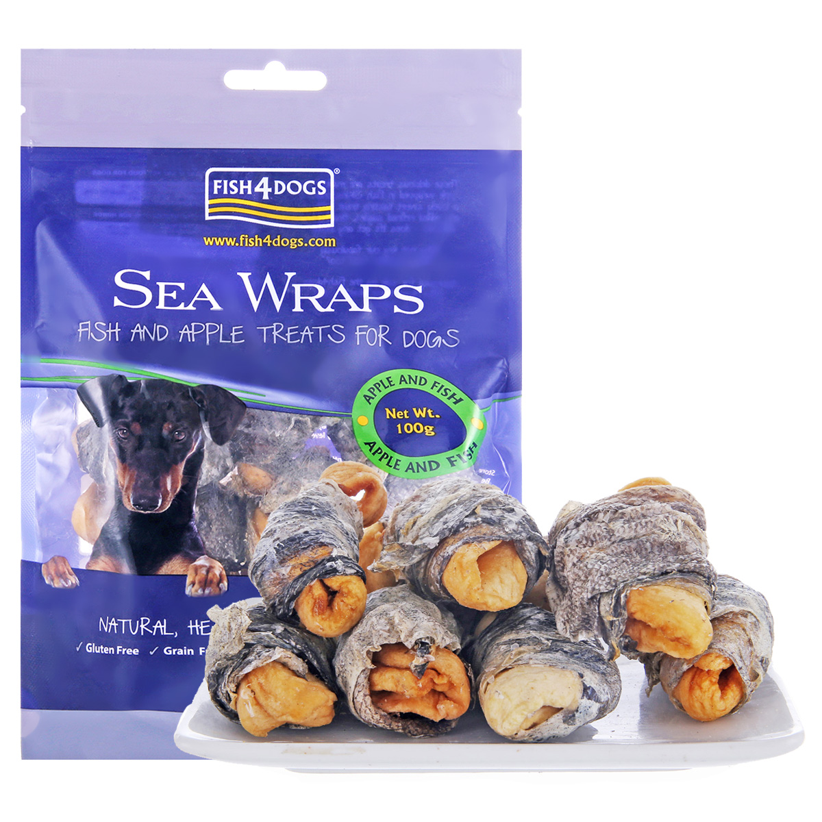 波奇网宠物狗狗零食泰迪零食海洋之星Ocean Wrap苹果鱼皮卷100G