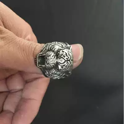 Original handmade carved Tang grass tiger head 925 sterling silver ring