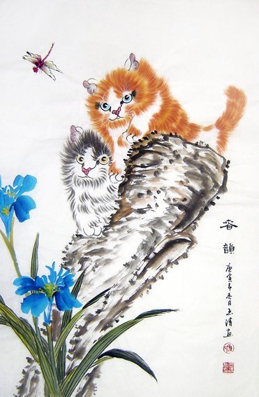 (pictorial art and calligraphy) C12044 Sun Yuqing flowers and bird country painting pet animal cat (four feet open three)