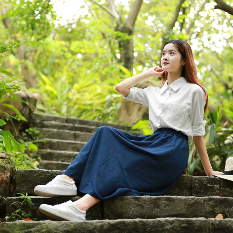 21春夏季森系女裝高腰裙子日系文藝復古棉麻學生裙半身長裙班服