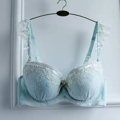 Big chest, big size, three-breasted women's underwear, thin bra, women's bra, deep V, gathered adjustment, sexy blue
