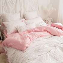Double-layer yarn baby-grade fabric nude sleeping bedding cotton four-piece cotton love Princess tassel embroidery