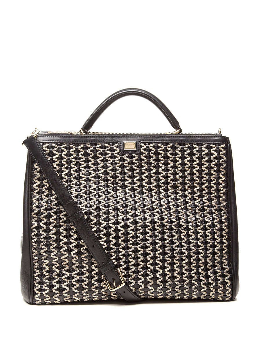 Dolce&Gabbana 黑色编织纹金属铭牌装饰手提包