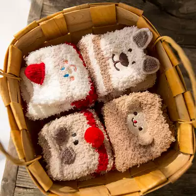 6 pairs of Caramella autumn and winter New Hair plus velvet thick children's socks coral velvet towel children's socks 4 colors