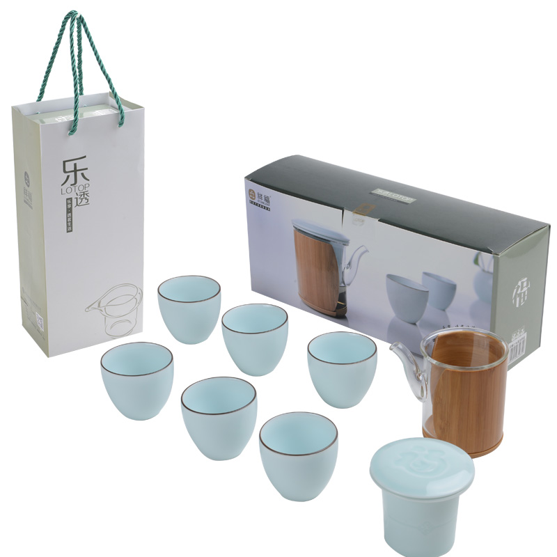 Auspicious blessing, glass tea set bamboo tea tray was portable kung fu tea set of a complete set of is suing ceramic gift set travel home