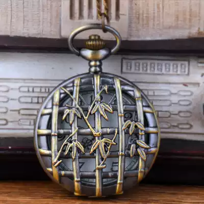 Fashionable large bronzed chain hollow bamboo pocket watch flip inside white face black word quartz pocket watch 2002