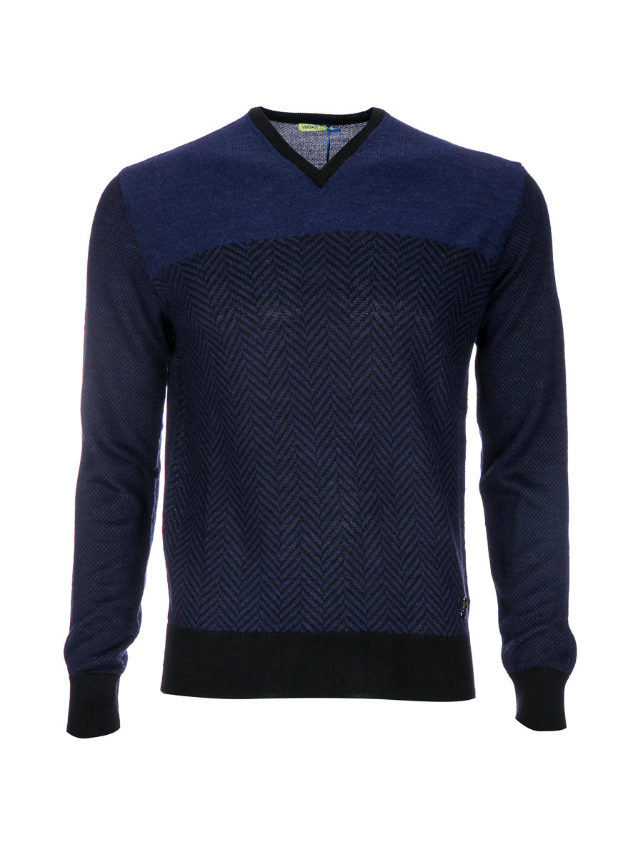 versace jeans 蓝黑色人字纹针织衫