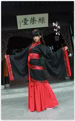 Hanfu CP Han-made wedding dress Bar Mitzvah Han Dynasty black and red straight dress double-wound three-wound curved suit - - - Qi Tianle