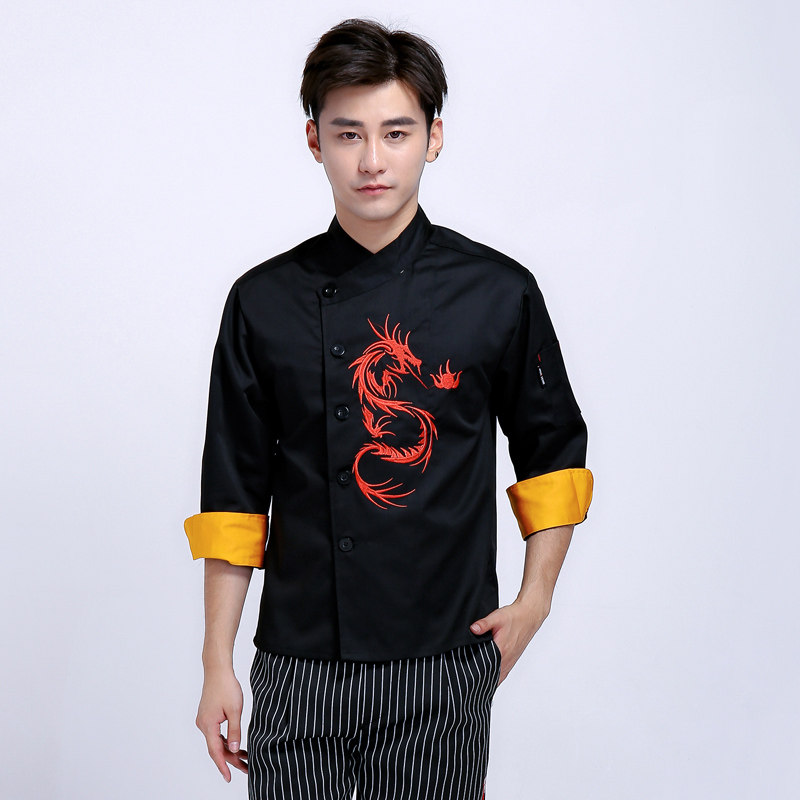 Chef Served Long Sleeve Spring Autumn Clothing Hotel Hotel Dining Room Kitchen Kitchen Chef Long Working Uniform Embroidered Dragon Sending Big Apron