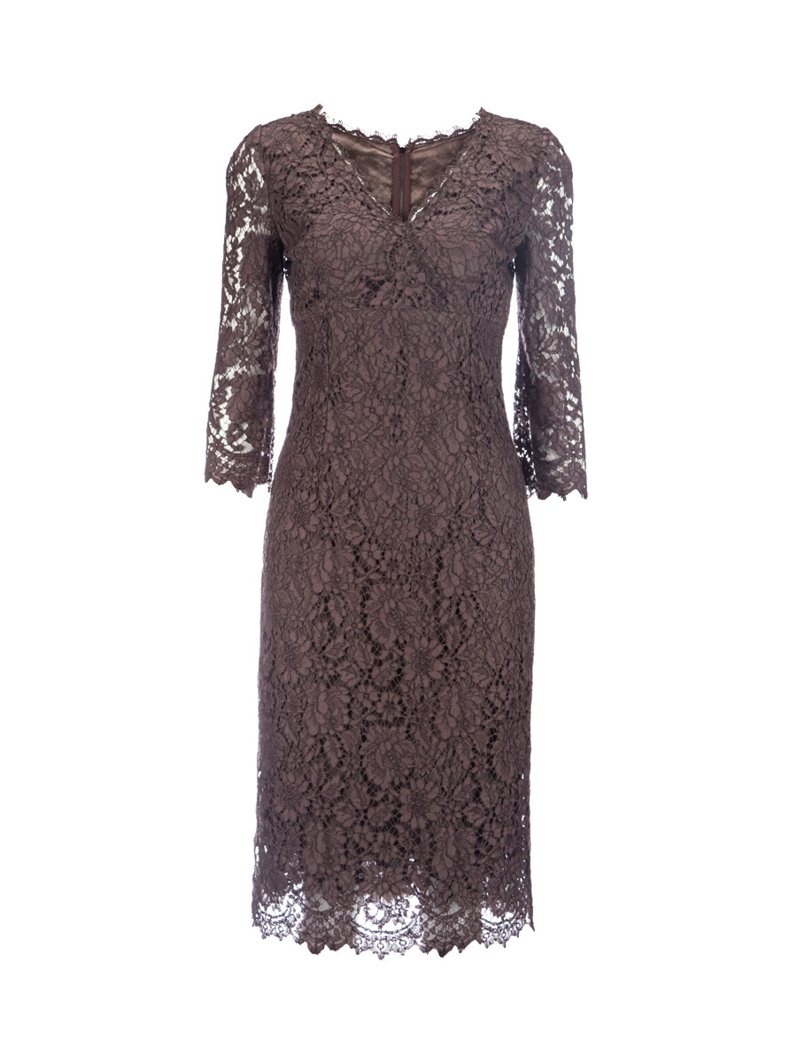 Dolce&Gabbana 咖啡色蕾丝V领连衣裙