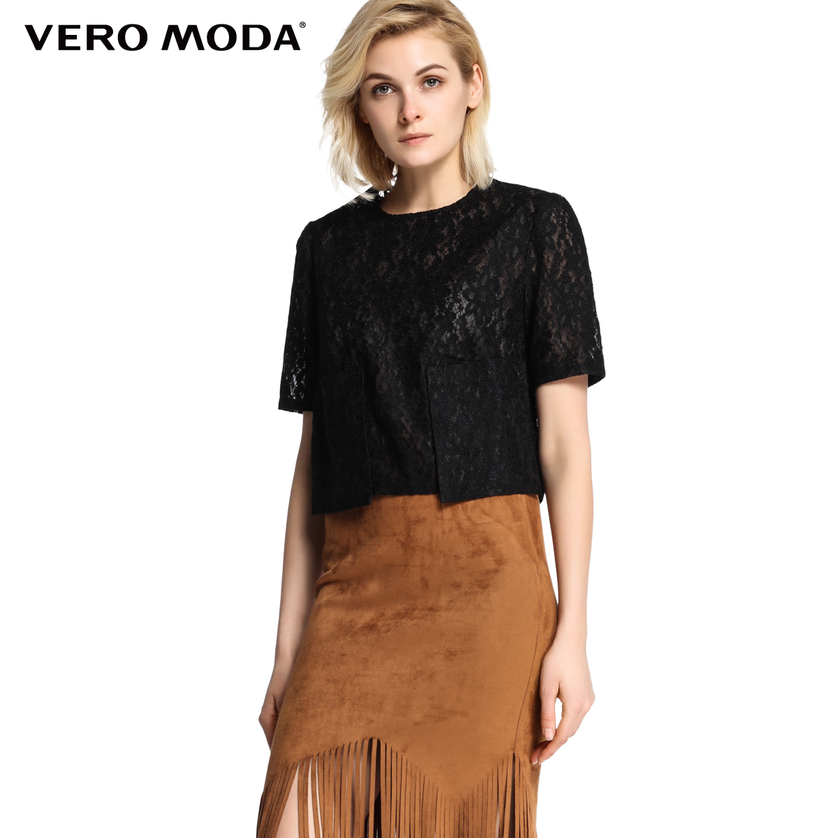 用券满减Vero Moda2016夏季新款蕾丝直筒五分袖短款T恤|316201021