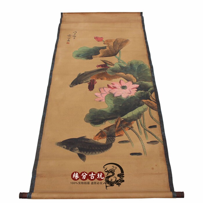 Imitation Ancient China Hall Imitation Ancient Character Painting of the Chinese Painted Drawing Living Room Hanging Landscape Painting Landscape Painting Zi White Stone Six Fish Picture Has Been Mounted-Taobao